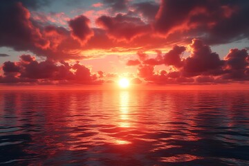 Poster - Fiery Sunset Over Ocean with Reflective Waves Dramatic Red Sky and Tranquil Water Landscape Nature's Beauty and Serenity : Generative AI