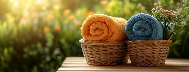 Poster - Tranquil Spa Day Rolled Towels in Wicker Baskets on Wooden Table with Serene Garden Background Wellness Retreat : Generative AI