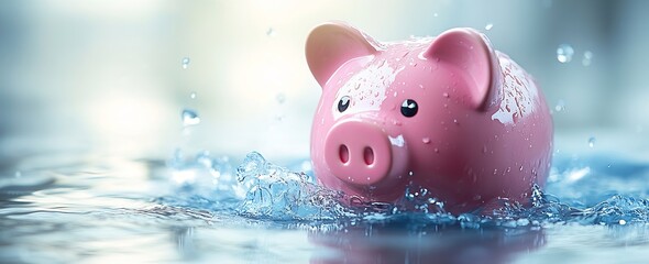 Aufkleber - Pink Piggy Bank Surrounded by Water Splashes Emphasizing Saving Money and Financial Security in a Fun Way : Generative AI