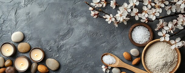 Aufkleber - Serene Spa Scene with White Blossoms Almonds and Stones on Gray Texture Background Banner : Generative AI
