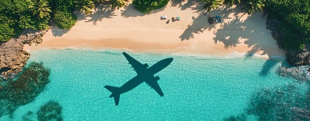 Fototapete - Tropical Getaway Airplane Shadow on Turquoise Water Beach Paradise Vacation Travel Destination Aerial View : Generative AI