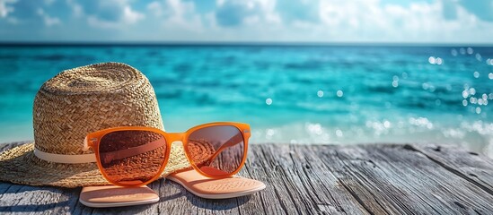Poster - Relaxing Beach Vacation Still Life Sunglasses Straw Hat and Flip Flops on Weathered Wood Overlooking Turquoise Ocean Waters : Generative AI