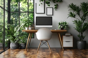 Poster - Modern Home Office with Desk Computer Plants and Natural Light Creating a Serene and Productive Workspace : Generative AI