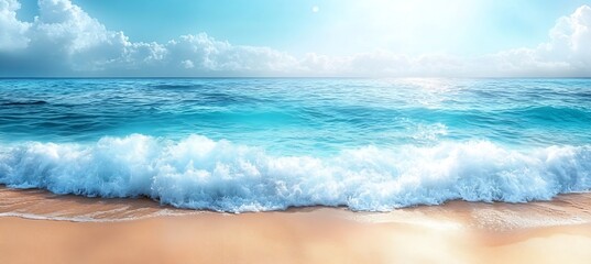 Aufkleber - Beautiful Beach Scene with Ocean Waves Crashing on Shore Blue Sky and White Clouds Peaceful Seascape Photography : Generative AI