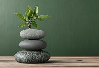 Aufkleber - Zen Garden Still Life with Stacked Stones and Green Bamboo Shoot on Wooden Table for Tranquility : Generative AI