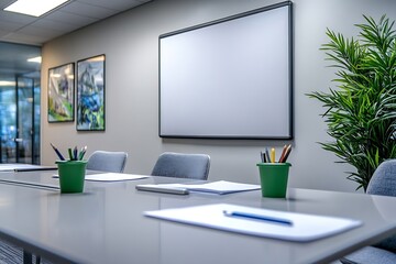 Fototapete - Modern Office Meeting Room with Blank Screen TV and Green Potted Plant Business Presentation Ready Workspace : Generative AI