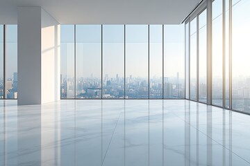 Poster - Modern Bright Office Interior with City View Polished Marble Floor and Expansive Windows in a High Rise Building : Generative AI