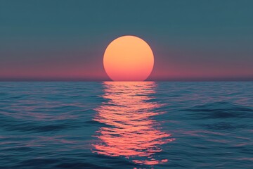 Aufkleber - Ocean Sunset with Reflection Orange Sun and Smooth Sea Water Perfect Calm Landscape View : Generative AI