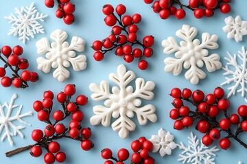 Aufkleber - Festive Christmas Holiday Still Life with Red Berries and White Snowflakes on a Light Blue Background Top View : Generative AI