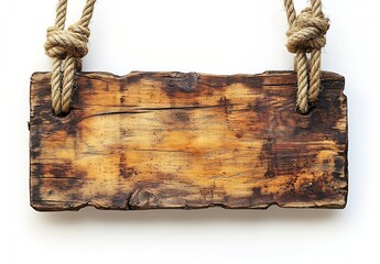 Poster - Rustic Wooden Sign Hanging from Ropes Aged Wood Texture Farmhouse Decor Ideal for Branding and Messages : Generative AI