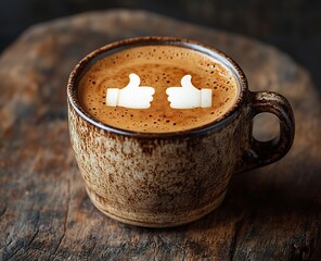 Aufkleber - Coffee Cup with Thumbs Up Foam Art Creative Beverage for Social Media and Positive Vibes : Generative AI
