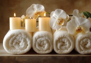Aufkleber - Tranquil Spa Scene with White Orchids Rolled Towels and Lit Candles for a Relaxing and Peaceful Ambiance : Generative AI