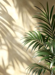 Poster - Elegant Palm Leaf Shadow on Beige Wall Background Relaxing Indoor Plant Tropical Vibe Modern Interior Design : Generative AI