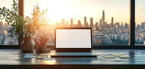 Fototapete - Laptop on Desk with City View at Sunset Modern Workplace Open Laptop with White Screen Business and Technology Office Decor : Generative AI
