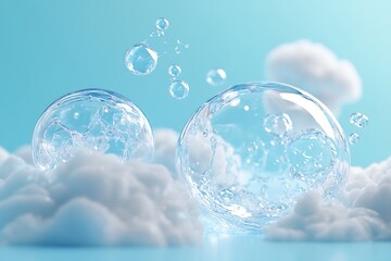Poster - Water Droplets and Clouds on Light Blue Gradient Background for Clean Hydration Purity and Freshness Concepts : Generative AI