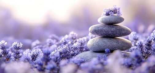 Leinwandbilder - Serene Stacked Stones Surrounded by Lavish Purple Lavender Fields : Generative AI