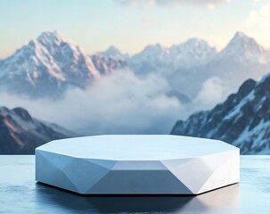 Fototapete - Majestic Snowy Mountain Range Backdrop with a Stylish Hexagonal Display Platform for Images : Generative AI
