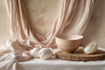 Wall Mural - soft pastel still life of bowls, eggs, and textiles on a table