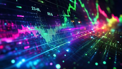 Fototapete - Vibrant Stock Market Data Visualization with Glowing Neon Lights and Financial Analysis Tools : Generative AI