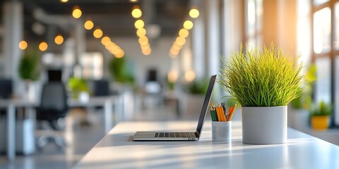 Poster - Bright Modern Office Space with Laptop Desk Plant and Bokeh Lights in Background : Generative AI