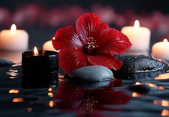 Aufkleber - Zen Spa Setting with Red Hibiscus Flower Black Stones Candles and Water Reflection Serenity : Generative AI