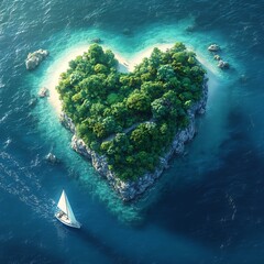 Poster - Heart Shaped Tropical Island Paradise Aerial View Azure Water Sailboat Romance Seascape Generative AI Holiday Escape : Generative AI