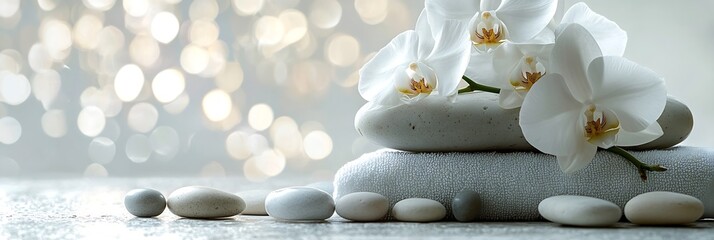 Poster - Tranquil Spa Scene with White Orchid on Stones and Towels Calming Background for Relaxation and Wellness : Generative AI