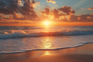 Aufkleber - Golden Hour Ocean Beach Sunset Serene Seascape with Waves Sun Rays and Warm Light. Perfect Vacation or Travel Photography : Generative AI