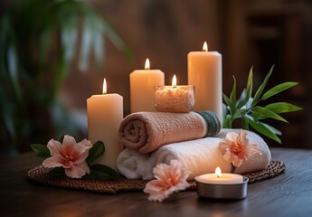 Aufkleber - Spa Candles and Fresh Towels Arranged for Relaxation and Wellness Tranquil Setting for Massage and Aromatherapy Treatments : Generative AI