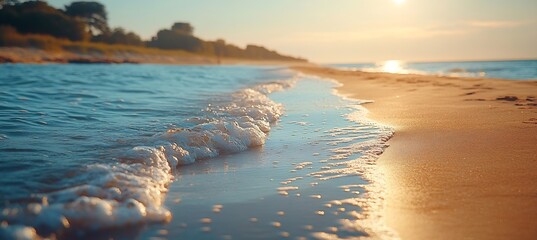 Leinwandbilder - Serene Beach Scene with Golden Light on Soft Waves Coastal Landscape at Sunset Nature Wallpaper : Generative AI