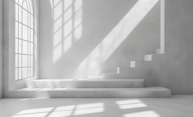 Poster - Minimalist Interior with White Stairs and Arched Window Bathed in Sunlight  Peaceful Architectural Space : Generative AI