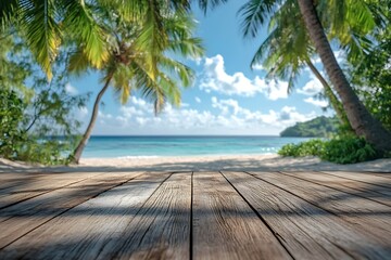 Fototapete - Tropical Paradise Escape Wooden Deck Overlooking a Beautiful Beach with Palm Trees and Azure Ocean : Generative AI
