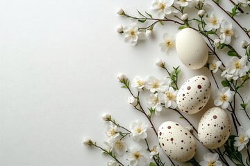 Aufkleber - Easter Eggs and Blossoms on White Background Springtime Decoration for Easter Celebration : Generative AI