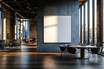 Leinwandbilder - Elegant Office Space with Blank Frame on Gray Wall and City View High Rise Building Interior for Mockup and Design : Generative AI
