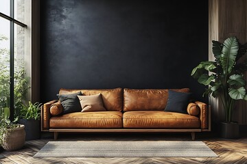 Poster - Cozy Living Room Interior with Brown Leather Sofa Black Wall and Green Plants for Relaxing Home Decor : Generative AI