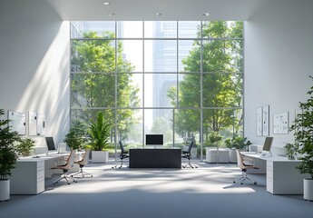 Leinwandbilder - Modern Open Office Space with Large Windows Overlooking Green Trees Bright Workplace Interior Design Minimalist Furniture Work Environment : Generative AI