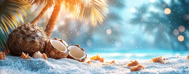 Poster - Tropical Paradise Scene Coconuts and Seashells on Sandy Beach with Palm Trees and Turquoise Water : Generative AI