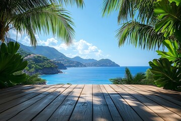Poster - Scenic Coastal View Lush Greenery Mountains and Crystal Blue Sea from Wooden Deck Tropical Paradise Travel : Generative AI