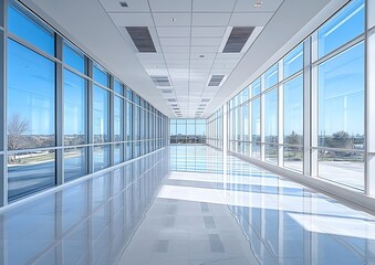 Poster - Modern Office Hallway with Glass Walls and Natural Light Contemporary Architecture Clean Interior Design Empty Space : Generative AI