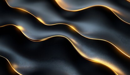 Fototapete - Sleek modern wavy design with luminous gold lines flowing on black creating an upscale look : Generative AI