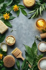 Aufkleber - Natural Spa and Wellness Product Flat Lay with Flowers Leaves and Organic Ingredients Relaxation and Self Care : Generative AI