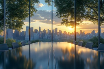 Poster - Stunning Sunset View of New York City Skyline from Modern Conference Room with Reflection on Tabletop and Green Trees : Generative AI