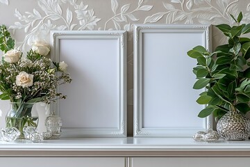 Aufkleber - Elegant Mockup of Two Empty Frames with Floral Decorations on a White Console Table Home Decor Photography : Generative AI