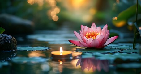 Aufkleber - Pink Lotus Flower Blooming on Water Lily Pad with Candle Reflections Tranquil Zen Scene : Generative AI