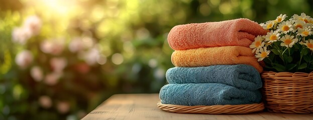 Poster - Soft Towels and Daisies on Wooden Table in Sunny Garden Cozy Spa Day Home Decor Relaxing Retreat Concept : Generative AI