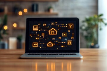 Fototapete - Smart Home Tech on Laptop Screen Interior Design Modern Living and Automation Concept Digital Home Management : Generative AI