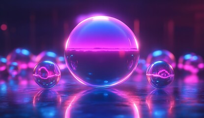 Aufkleber - Stunning abstract glass spheres reflecting vibrant purple and blue neon lights in a dreamy digital space : Generative AI