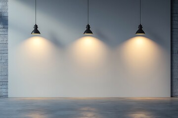 Poster - Empty Room with Dramatic Lighting Three Pendant Lights Illuminating a Blank Wall Perfect for Product Mockups : Generative AI