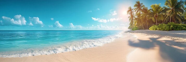 Poster - Stunning Tropical Beach Panorama with Turquoise Water White Sand and Palm Trees Under Blue Sky : Generative AI