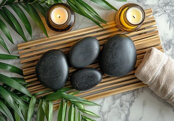 Aufkleber - Tranquil spa setting with smooth black stones candles and soft towel on bamboo mat : Generative AI